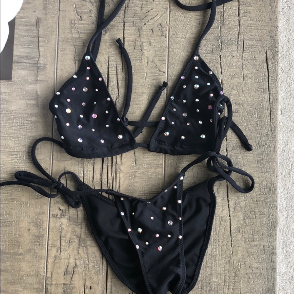 Black Crystal Encrusted Custom Bikini S